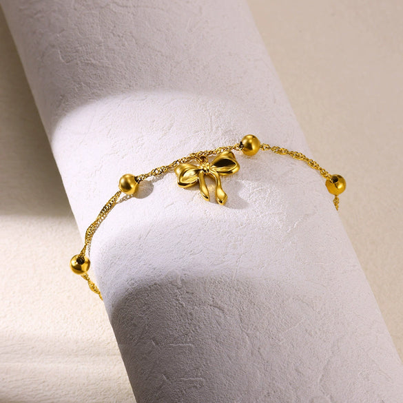 Women's Stainless Steel Bow Heart Tassel Anklet 18K Goldplated