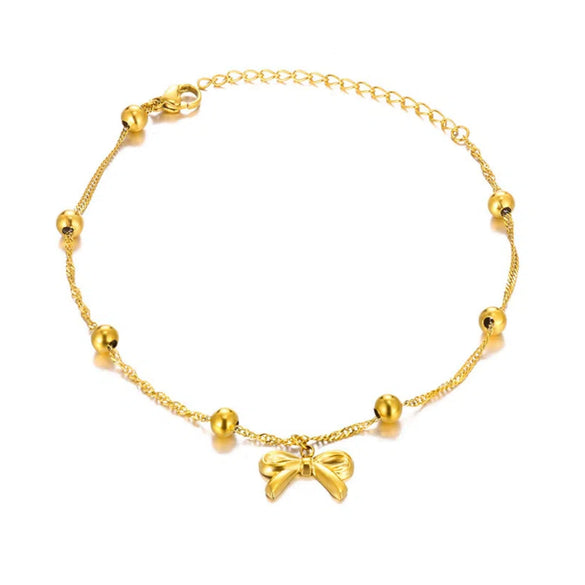 Women's Stainless Steel Bow Heart Tassel Anklet 18K Goldplated
