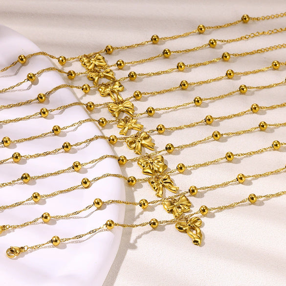 Women's Stainless Steel Bow Heart Tassel Anklet 18K Goldplated