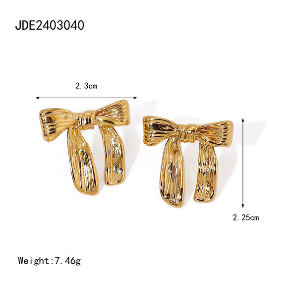 Women's Stainless Steel Bow Pattern Electroplated Titanium Steel Earrings With Golden Hammer Pattern Fashionable And Simple