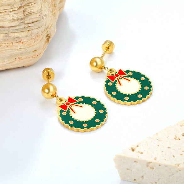 Women's Stainless Steel Bow Tie Earrings Cute Festive Christmas Wreath Inspired Holiday Jewelry