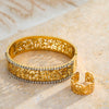 Women's Stainless Steel Bracelet And Ring Set With Rhinestone Irregular Hollow Carved Retro Design And 18K Gold Vacuum Plating