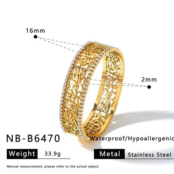 Women's Stainless Steel Bracelet And Ring Set With Rhinestone Irregular Hollow Carved Retro Design And 18K Gold Vacuum Plating