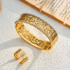 Women's Stainless Steel Bracelet And Ring Set With Rhinestone Irregular Hollow Carved Retro Design And 18K Gold Vacuum Plating