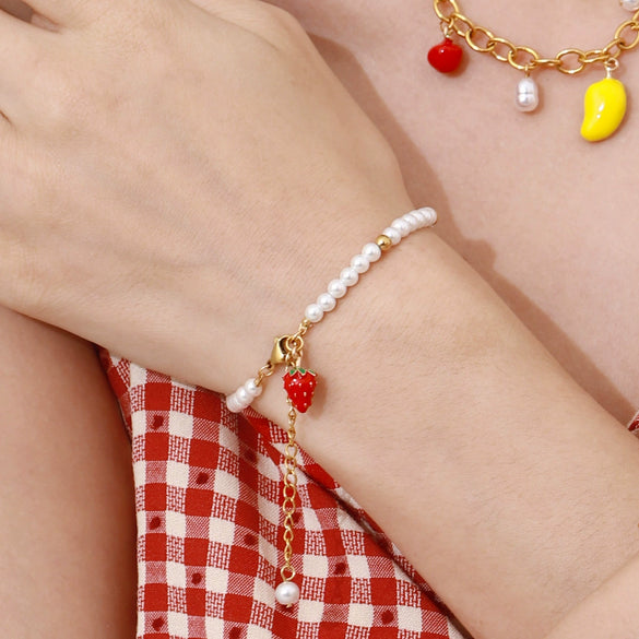 Women's Stainless Steel Bracelet With Fruit And Geometric Pattern And Strawberry Pendant Electroplated