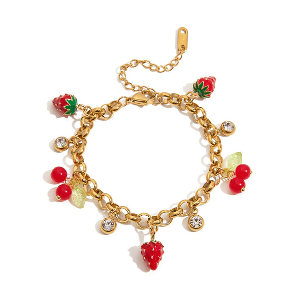 Women's Stainless Steel Bracelet With Geometric Pattern Strawberry Cherry Zircon Pendant And Electroplating Design
