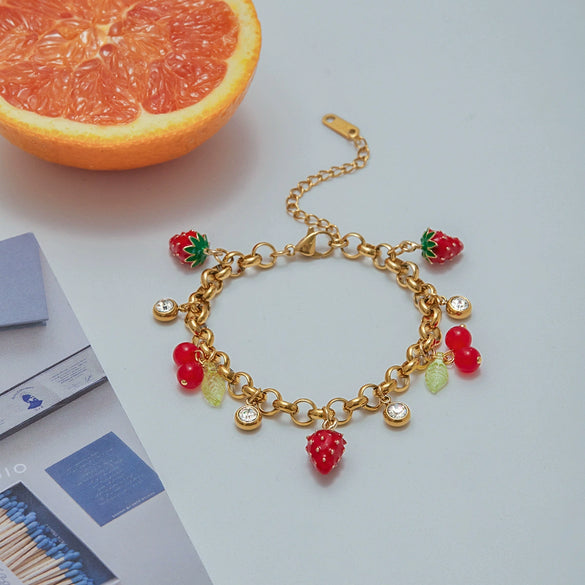 Women's Stainless Steel Bracelet With Geometric Pattern Strawberry Cherry Zircon Pendant And Electroplating Design