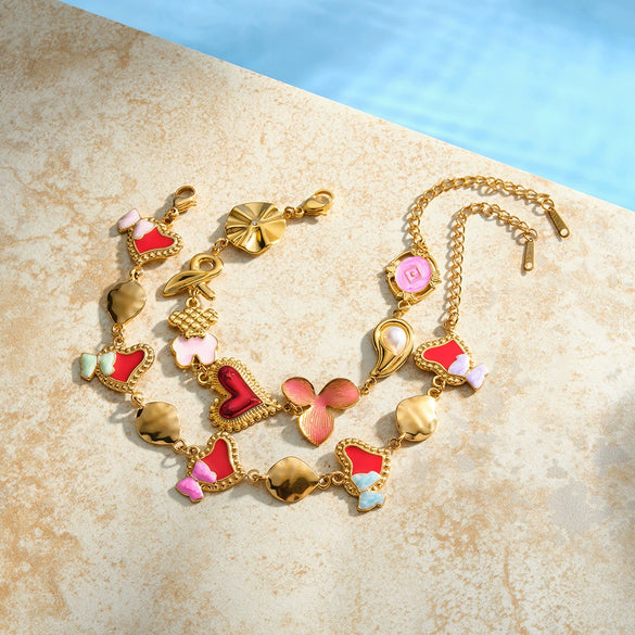 Women's Stainless Steel Bracelet With Heart And Bow Design Pearl And Rhinestone Inlay Oil Drip Finish And Gold Tone Vacuum Plating