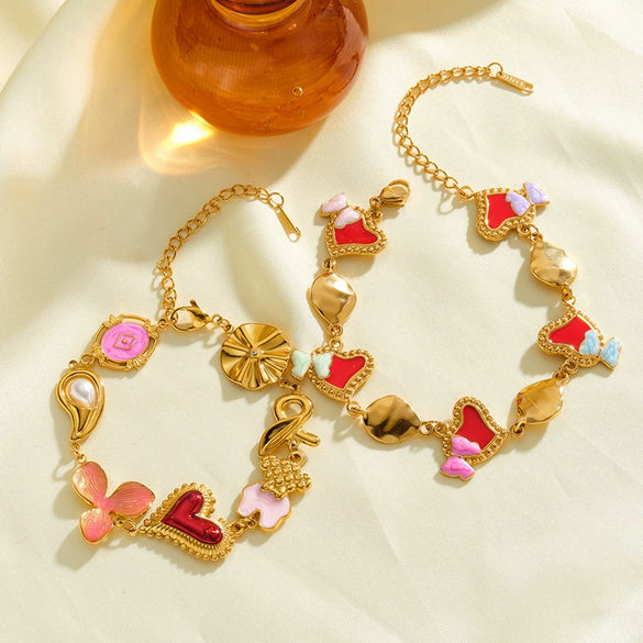 Women's Stainless Steel Bracelet With Heart And Bow Design Pearl And Rhinestone Inlay Oil Drip Finish And Gold Tone Vacuum Plating