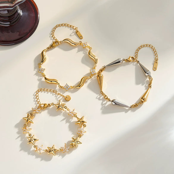 Women's Stainless Steel Bracelet With 18K Gold Plating Five Point Star And Water Drop Geometric Design With Zircon Inlay