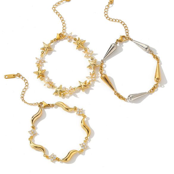 Women's Stainless Steel Bracelet With 18K Gold Plating Five Point Star And Water Drop Geometric Design With Zircon Inlay
