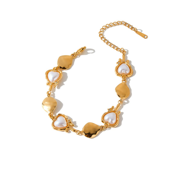 Women's Stainless Steel Bracelet With 18K Gold Vacuum Plating Pearl And Rhinestone Accents And Heart Shaped Geometric Design