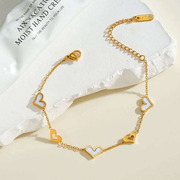 Women's Stainless Steel Bracelet With 18K Vacuum Plating White Shell Inlay Geometric Heart Pattern And Hollow Heart Design