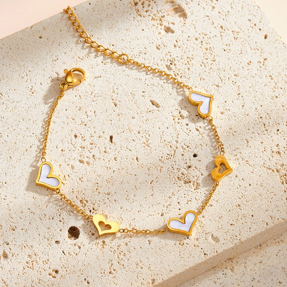 Women's Stainless Steel Bracelet With 18K Vacuum Plating White Shell Inlay Geometric Heart Pattern And Hollow Heart Design