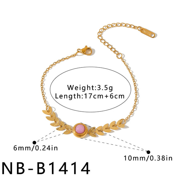 Women's Stainless Steel Bracelet With Natural Stone Inlay Geometric Leaf Chain Design And 18K Vacuum Plated Finish