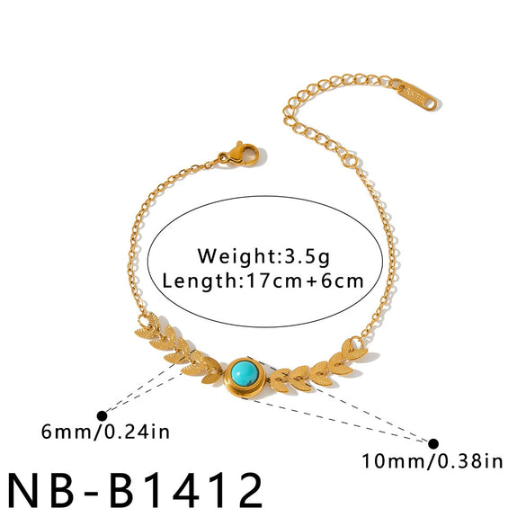 Women's Stainless Steel Bracelet With Natural Stone Inlay Geometric Leaf Chain Design And 18K Vacuum Plated Finish