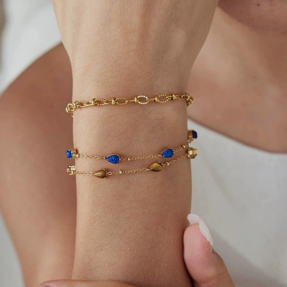 Women's Stainless Steel Bracelet With Natural Tiger's Eye And Lapis Lazuli Geometric Design Hypoallergenic Jewelry