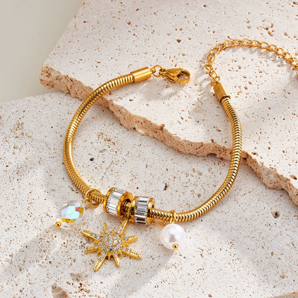 Women's Stainless Steel Bracelet With Pearl Zircon And Rhinestone Eight Pointed Star Geometric Design 18K Gold Plated