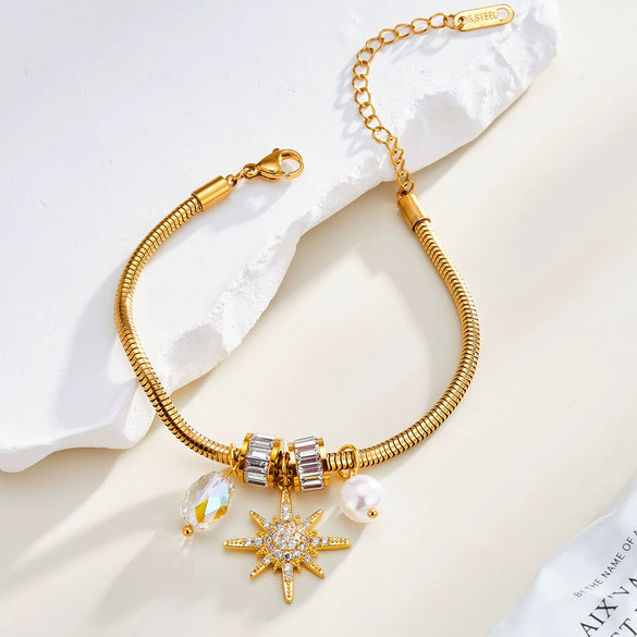 Women's Stainless Steel Bracelet With Pearl Zircon And Rhinestone Eight Pointed Star Geometric Design 18K Gold Plated