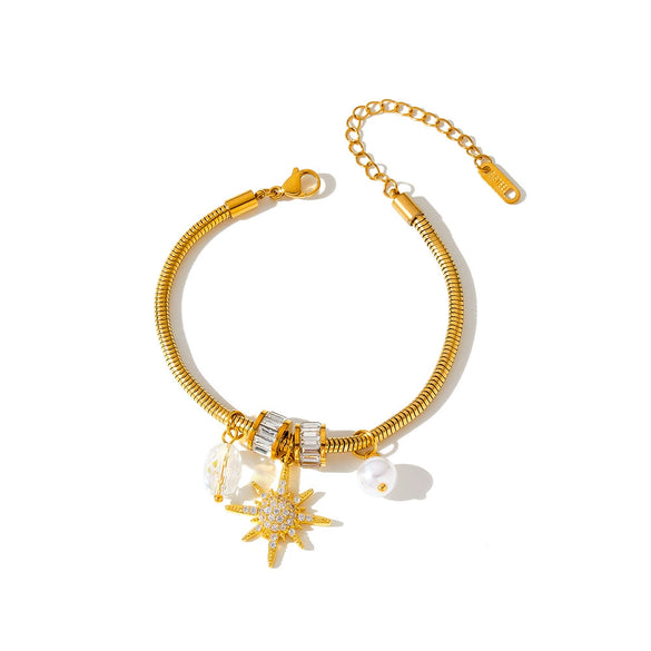 Women's Stainless Steel Bracelet With Pearl Zircon And Rhinestone Eight Pointed Star Geometric Design 18K Gold Plated