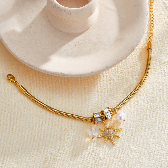 Women's Stainless Steel Bracelet With Pearl Zircon And Rhinestone Eight Pointed Star Geometric Design 18K Gold Plated