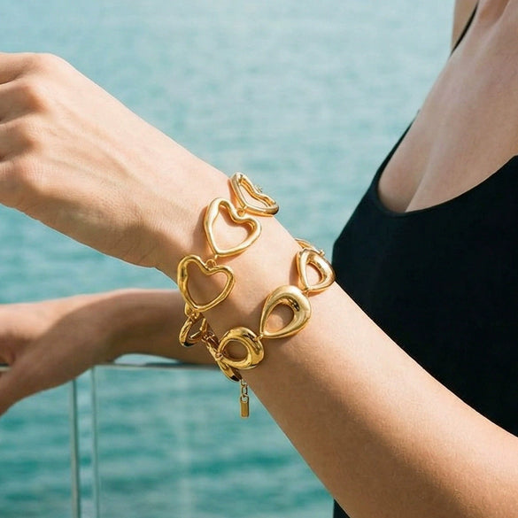 Women's Stainless Steel Bracelet With Water Drop Heart Design Geometric Style Vacuum Plated Jewelry