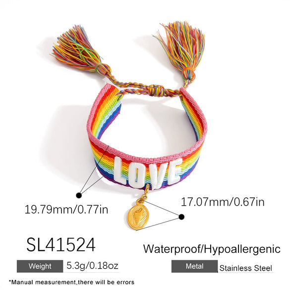 Women's Stainless Steel Braided Adjustable Bracelet With Rainbow Love Tassel Electroplating Design