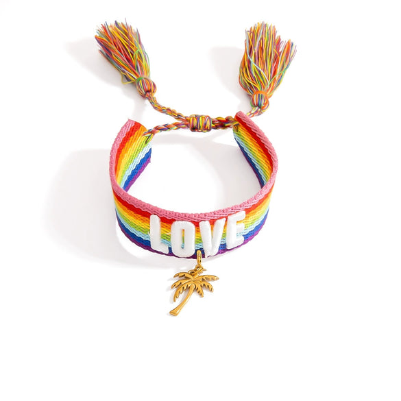 Women's Stainless Steel Braided Adjustable Bracelet With Rainbow Love Tassel Electroplating Design