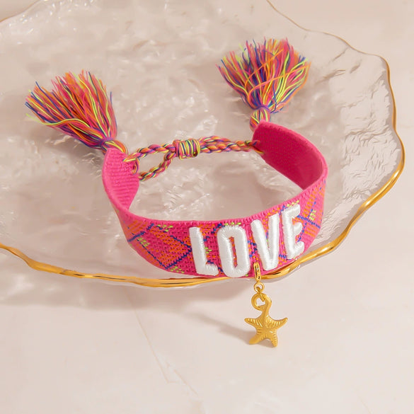 Women's Stainless Steel Braided Adjustable Bracelet With Rainbow Love Tassel Electroplating Design