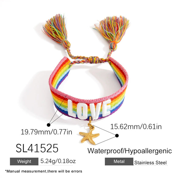Women's Stainless Steel Braided Adjustable Bracelet With Rainbow Love Tassel Electroplating Design