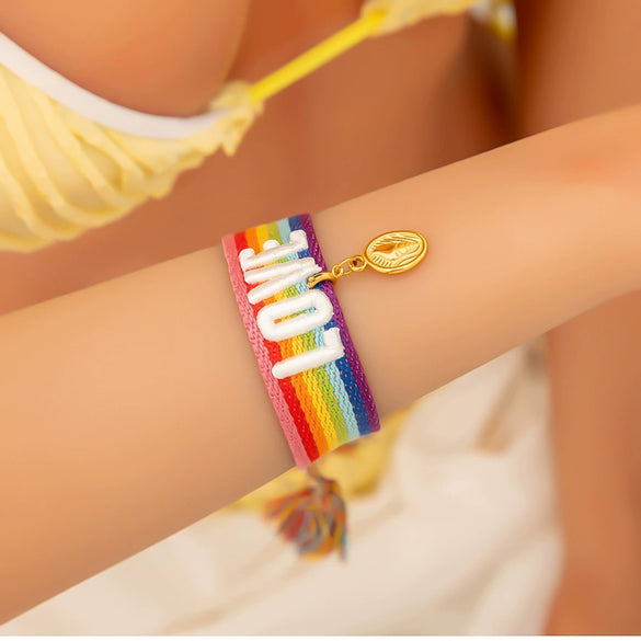 Women's Stainless Steel Braided Adjustable Bracelet With Rainbow Love Tassel Electroplating Design