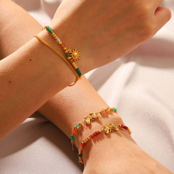 Women's Stainless Steel Butterfly Beaded Bracelet With Natural Stone Electroplated Animal Geometric Design