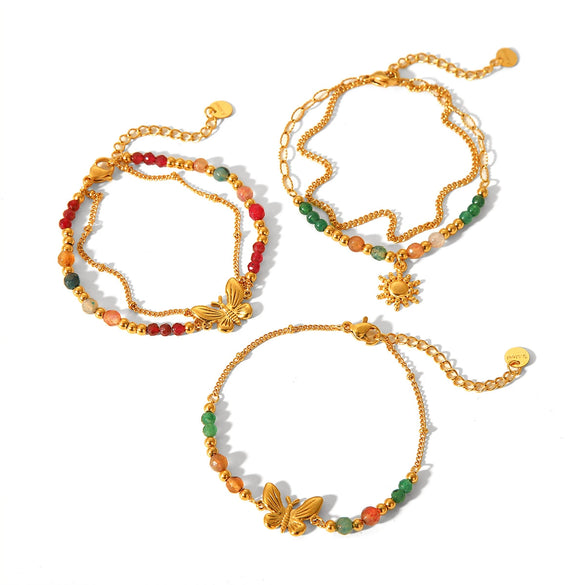 Women's Stainless Steel Butterfly Beaded Bracelet With Natural Stone Electroplated Animal Geometric Design
