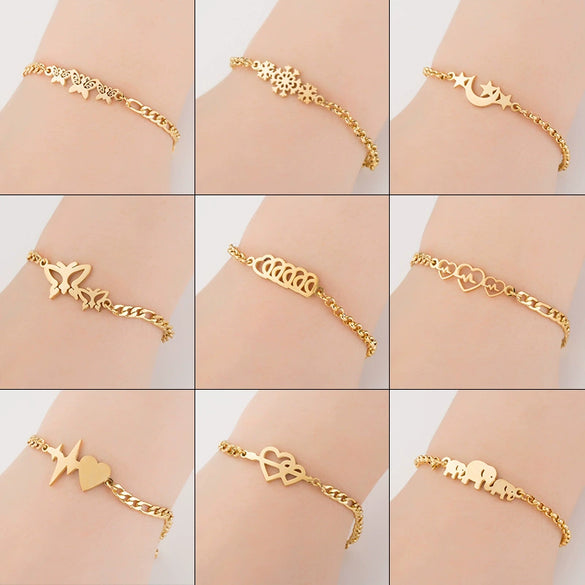 Women's Stainless Steel Butterfly Snowflake Elephant Love Couple Moon Star Bracelet With Electroplating Patterned With Animals And Zodiac