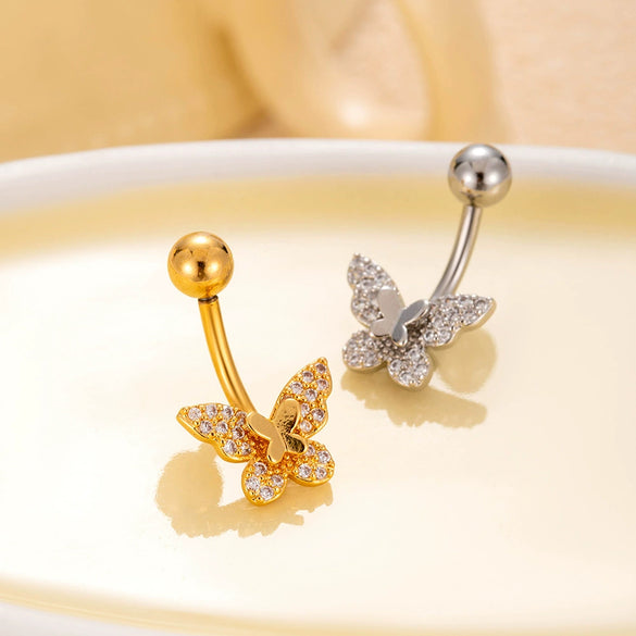 Women's Stainless Steel Butterfly Zircon Belly Button Ring Electroplated Fashion Abdominal Puncture Jewelry