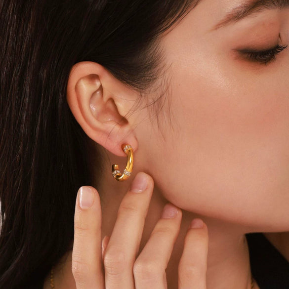 Women's Stainless Steel C Shaped Geometric Diamond Earrings Pvd Plated 18K Real Gold