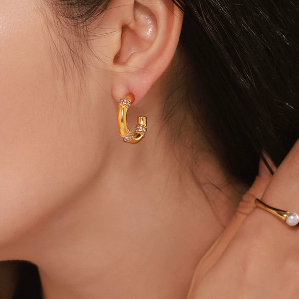 Women's Stainless Steel C Shaped Geometric Diamond Earrings Pvd Plated 18K Real Gold