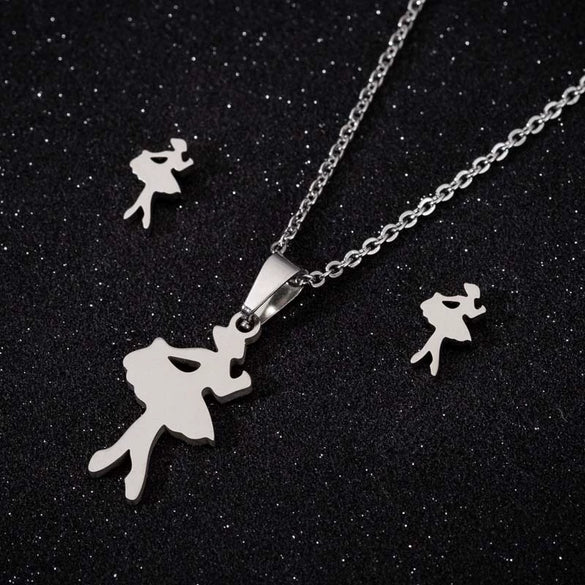 Women's Stainless Steel Cartoon Ballet Girl Jewelry Set With Electroplated Necklace And Earrings