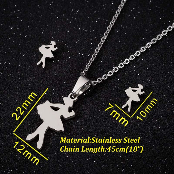 Women's Stainless Steel Cartoon Ballet Girl Jewelry Set With Electroplated Necklace And Earrings