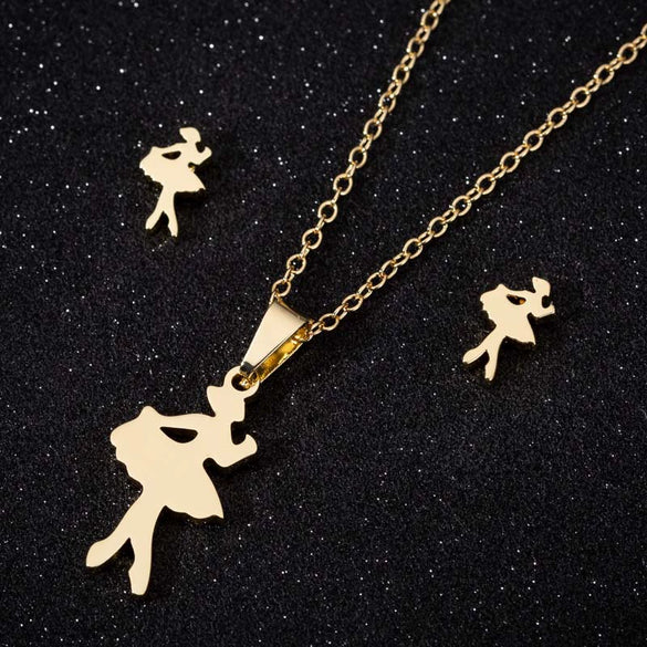 Women's Stainless Steel Cartoon Ballet Girl Jewelry Set With Electroplated Necklace And Earrings