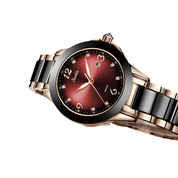 Women's Stainless Steel Case Ceramic Strap Round Dial Fashion Watch