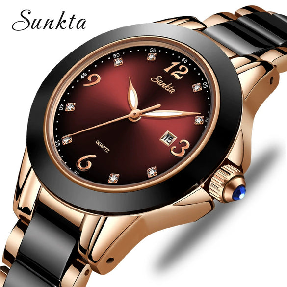 Women's Stainless Steel Case Ceramic Strap Round Dial Fashion Watch