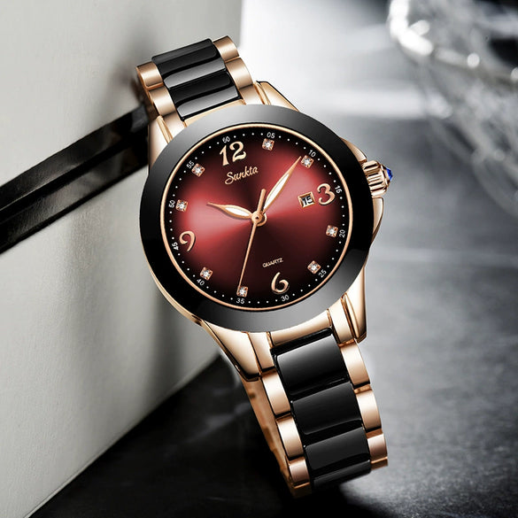 Women's Stainless Steel Case Ceramic Strap Round Dial Fashion Watch