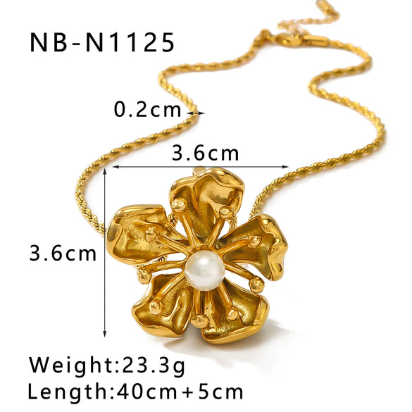 Women's Stainless Steel Cast Flower 18K Gold Plated Necklace With Pearl And Twist Chain New Fashionable Simple Design