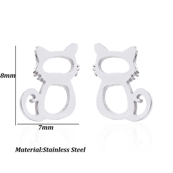 Women's Stainless Steel Cat Animal Earrings And Necklace Set Cute Hollow Design Electroplated Jewelry