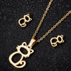 Women's Stainless Steel Cat Animal Earrings And Necklace Set Cute Hollow Design Electroplated Jewelry