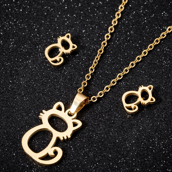Women's Stainless Steel Cat Animal Earrings And Necklace Set Cute Hollow Design Electroplated Jewelry