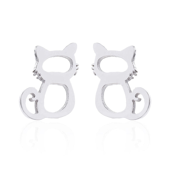 Women's Stainless Steel Cat Animal Earrings And Necklace Set Cute Hollow Design Electroplated Jewelry