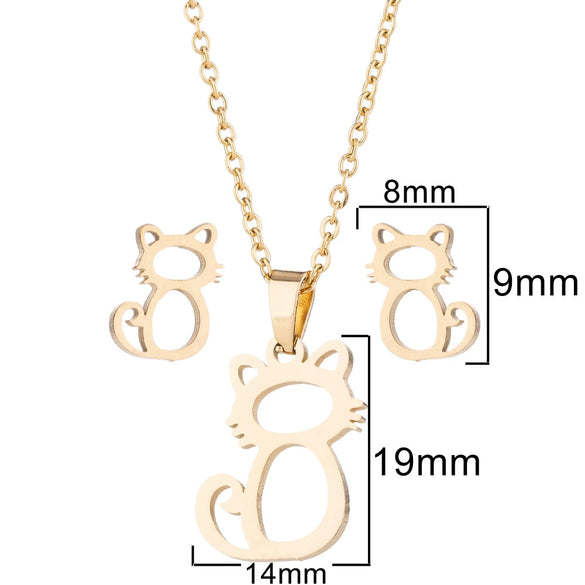 Women's Stainless Steel Cat Animal Earrings And Necklace Set Cute Hollow Design Electroplated Jewelry