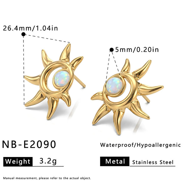 Women's Stainless Steel Cat's Eye Stone Ring And Earring Set With Geometric Sun Pattern And Vacuum Electroplated Finish